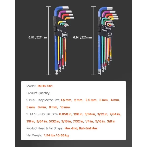 22pcs Hex Key Allen Wrench Set SAE Metric Long Arm Ball End Key Set - Image 3